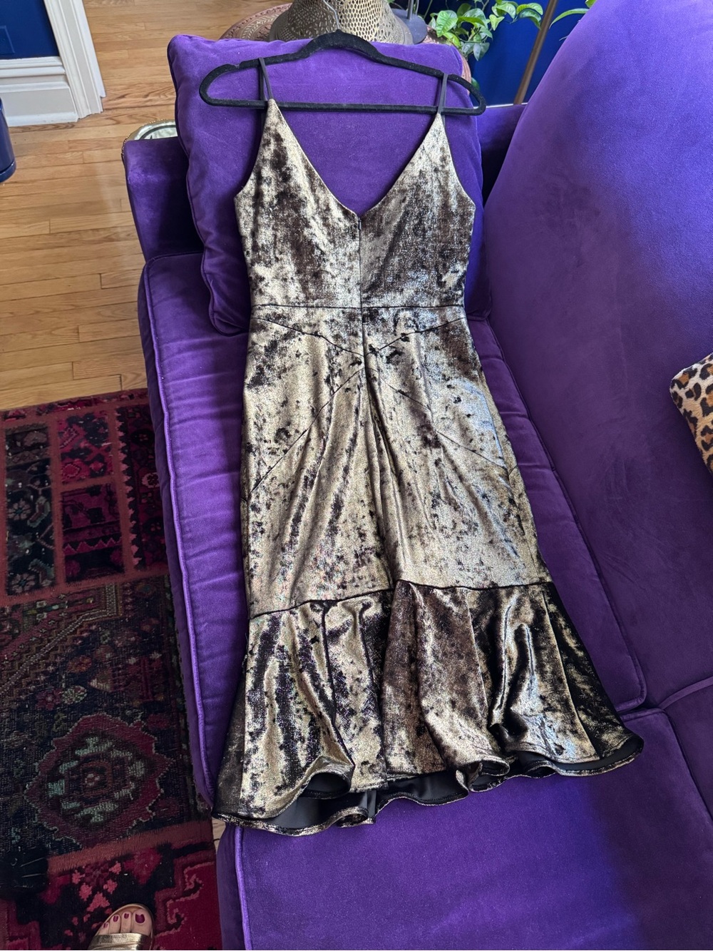 Black Halo Gold Crushed Velvet Midi Slip Dress with Ruffle Hem
